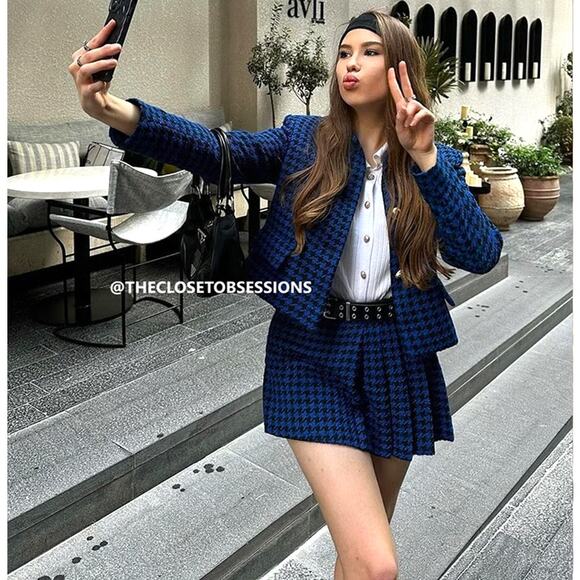 ZARA Blogger Fave Blue Houndstooth Blazer & Skort Co-Ord Set NWT - Picture 10 of 16